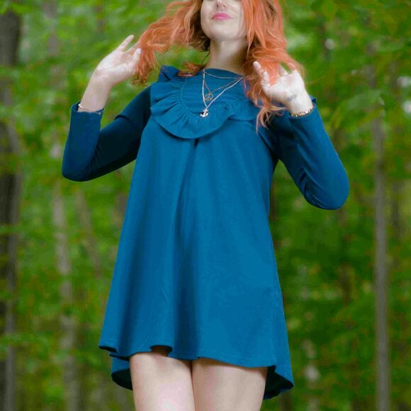 Mini Blue dress with ruffle and long sleeve - Picture 3 of 6